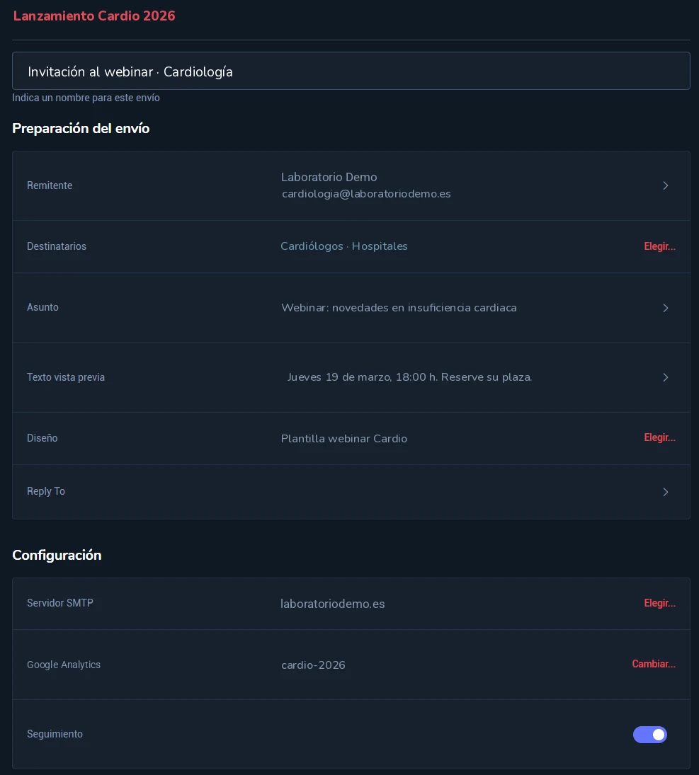 Pantalla de preparación del envío con remitente, destinatarios, asunto, diseño y servidor SMTP