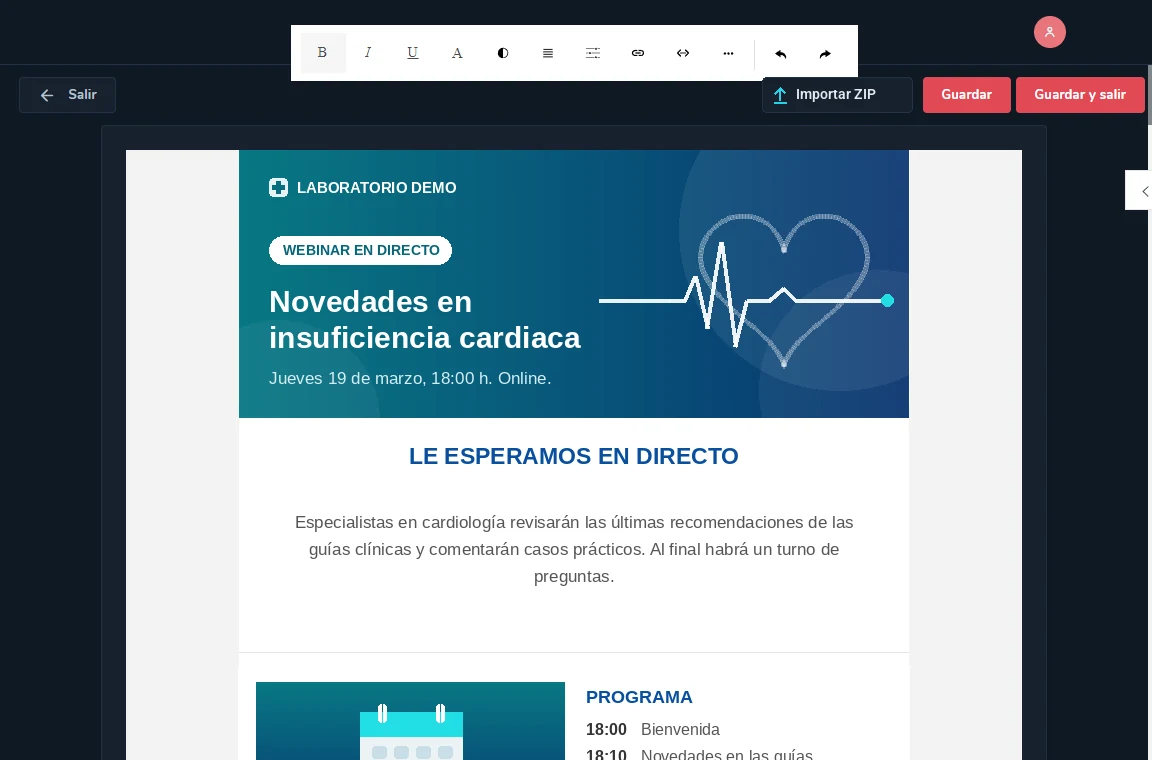 Editor de emails con un diseño importado de invitación a un webinar