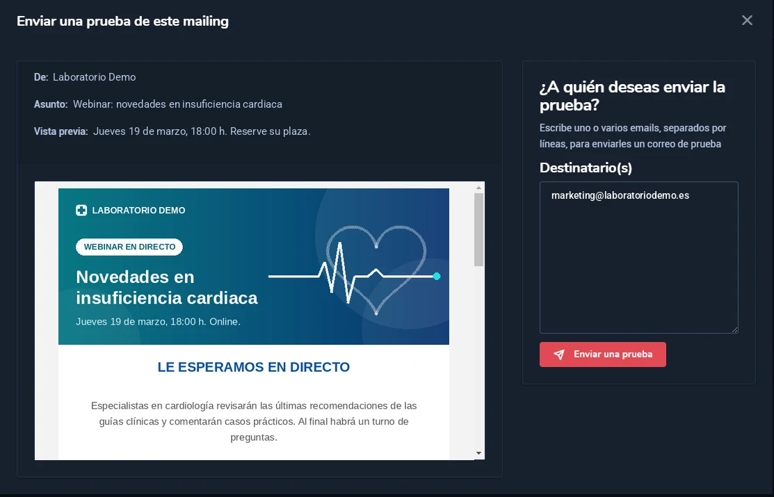Ventana de envío de prueba con el resumen del mailing y los destinatarios de la prueba